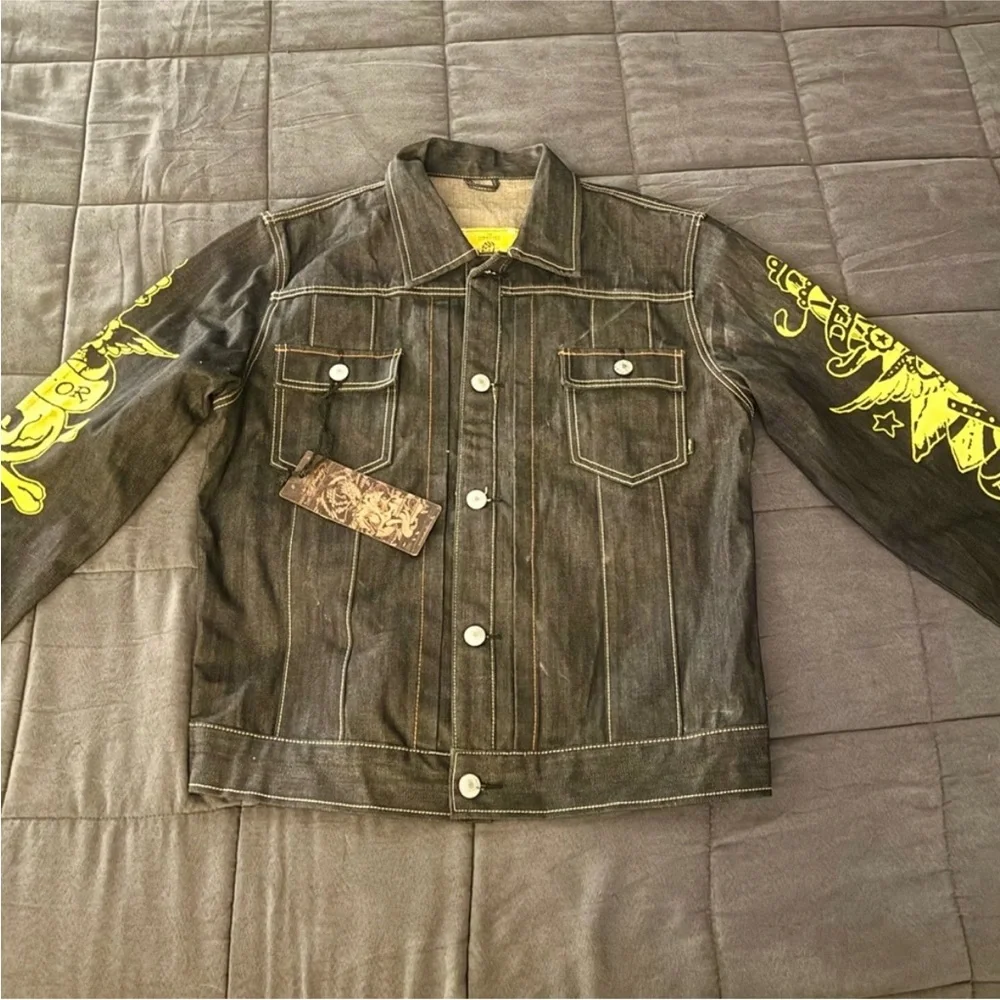 Ed Hardy Black Jacket with Vibrant Yellow Tattoo Inspired Skull Design NWT - Picture 10 of 10